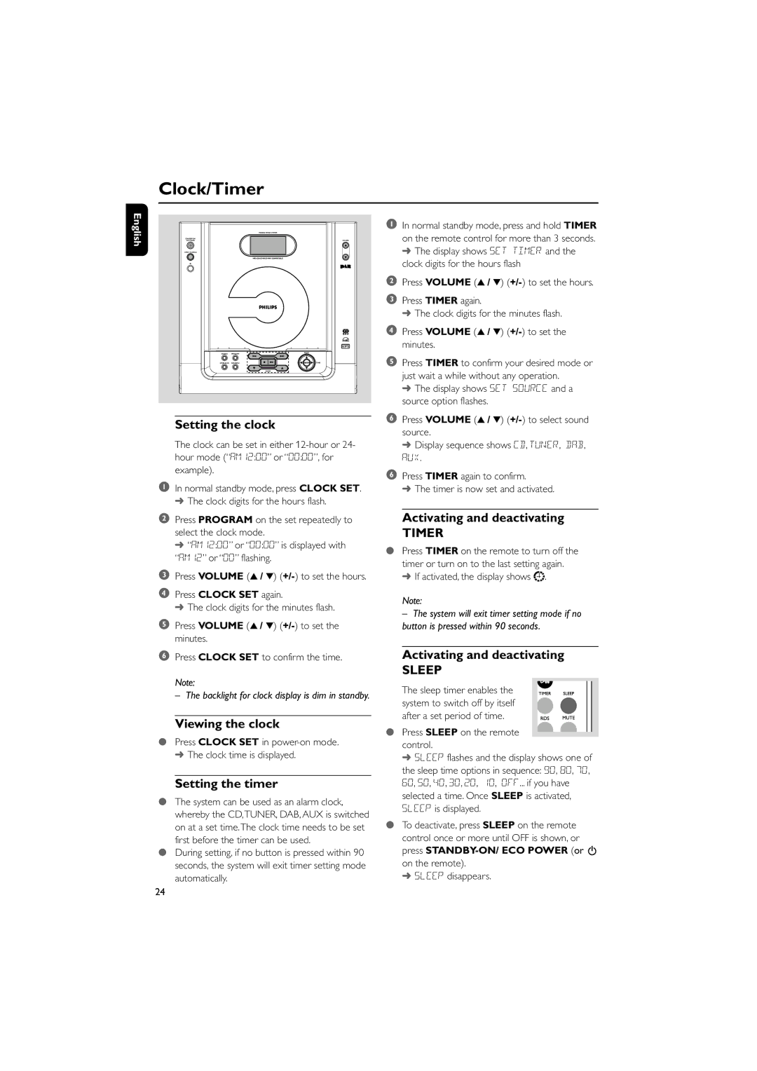 Philips MCB240 Clock/Timer, Setting the clock, Viewing the clock, Setting the timer, Activating and deactivating 