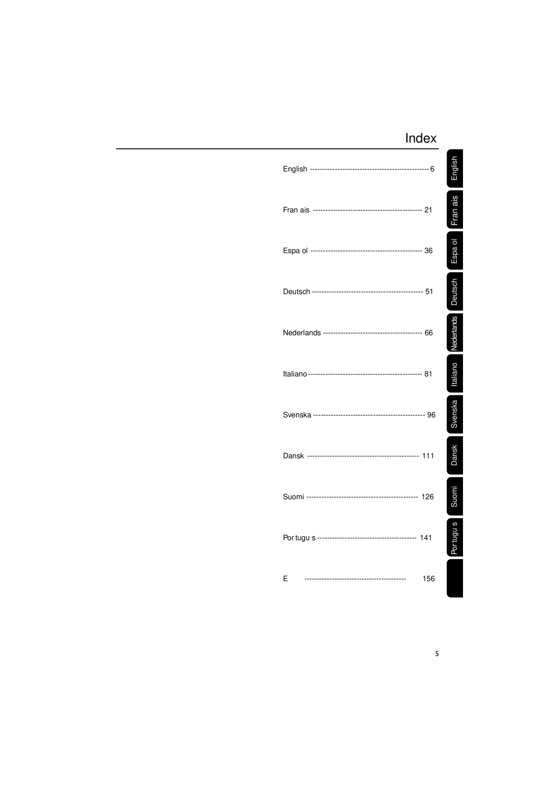 Philips MCB240 user manual Index, English, 126, 141, Português Suomi Dansk Svenska Italiano Nederlands Deutsch 