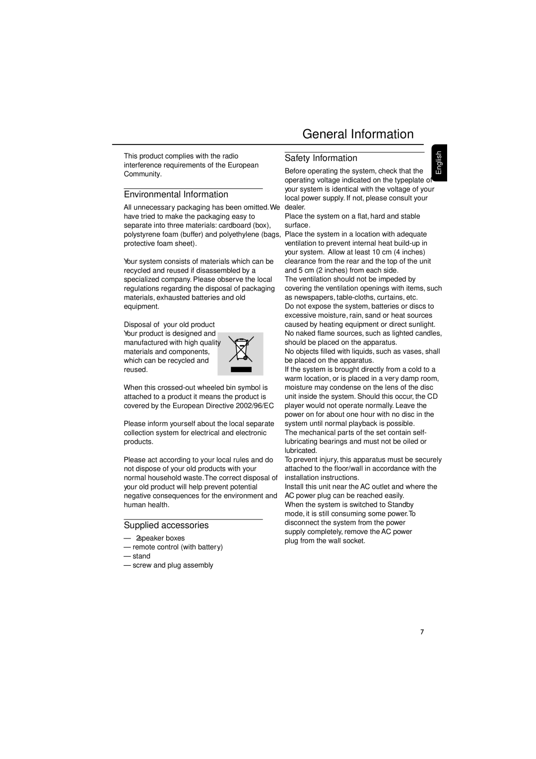 Philips MCB240 user manual General Information, Environmental Information, Supplied accessories, Safety Information 