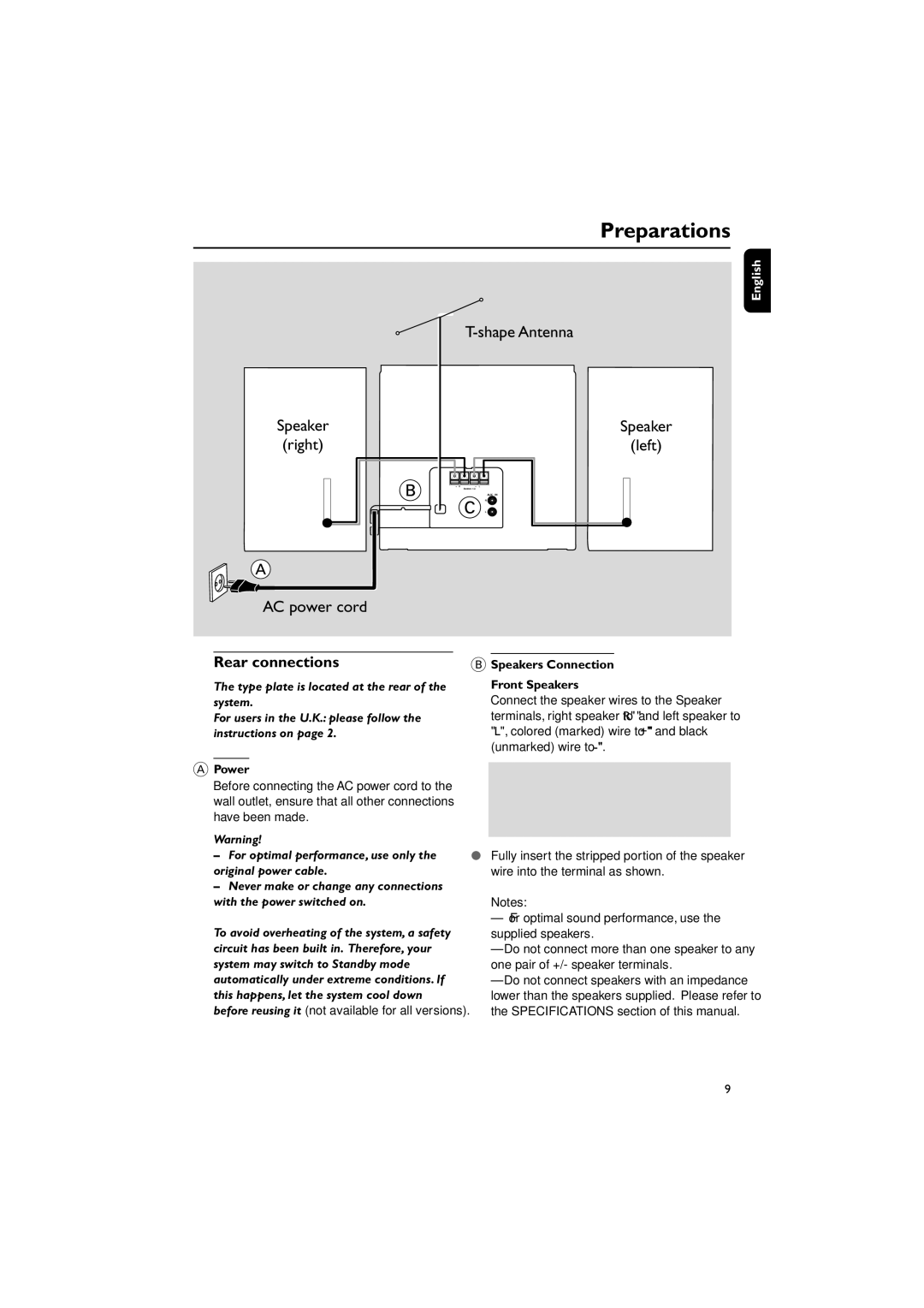 Philips MCB240 user manual Preparations, Rear connections, Power, Speakers Connection Front Speakers 