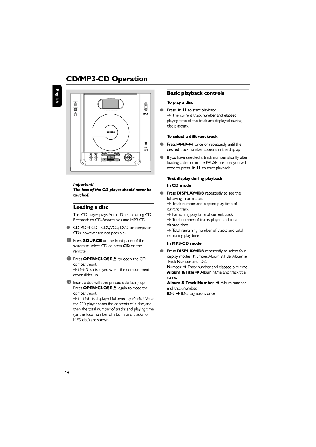 Philips MCB240 CD/MP3-CDOperation, Loading a disc, Basic playback controls, English, To play a disc, In MP3-CDmode 