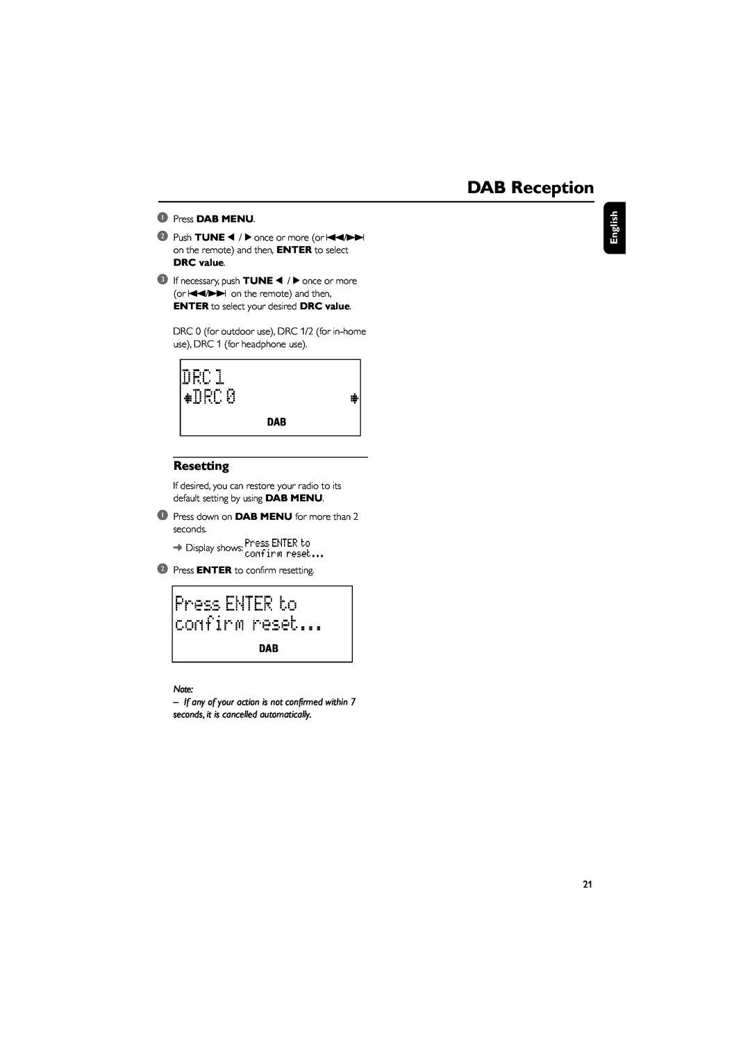 Philips MCB240 user manual Resetting, DAB Reception, 1Press DAB MENU, English 