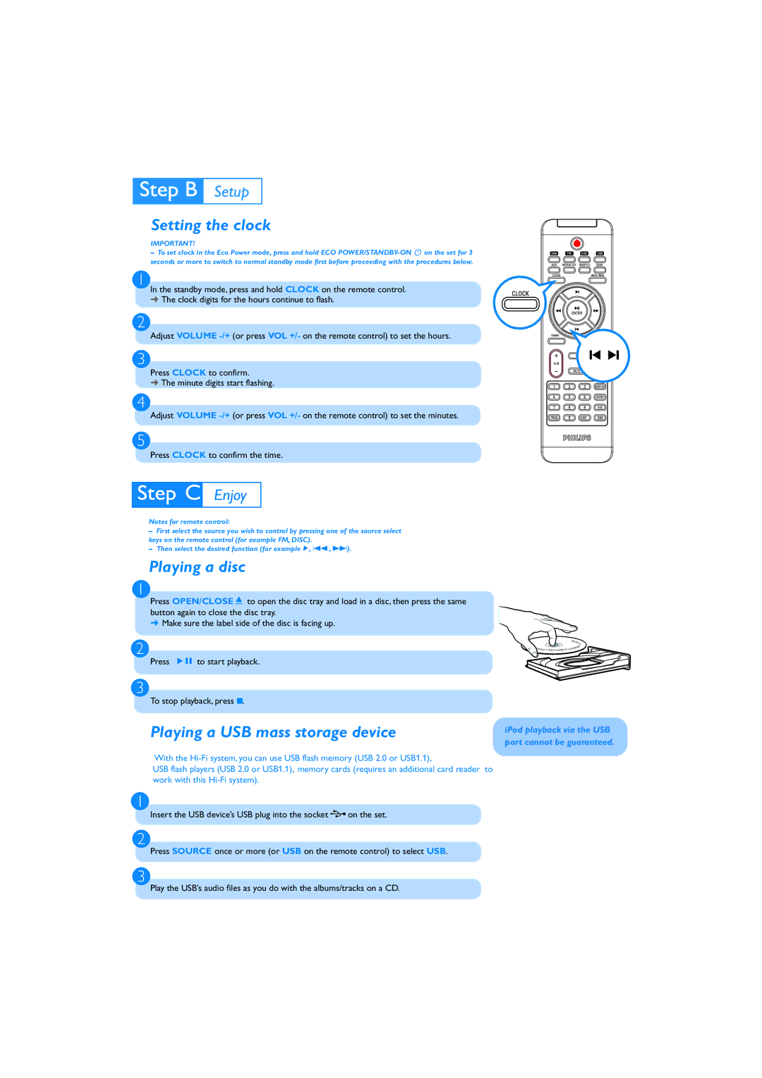 Philips MCB395 quick start Setting the clock, Playing a disc, Playing a USB mass storage device 