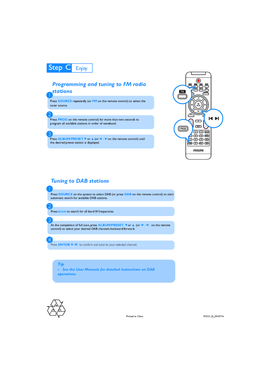 Philips MCB395 quick start Programming and tuning to FM radio Stations, Tuning to DAB stations 