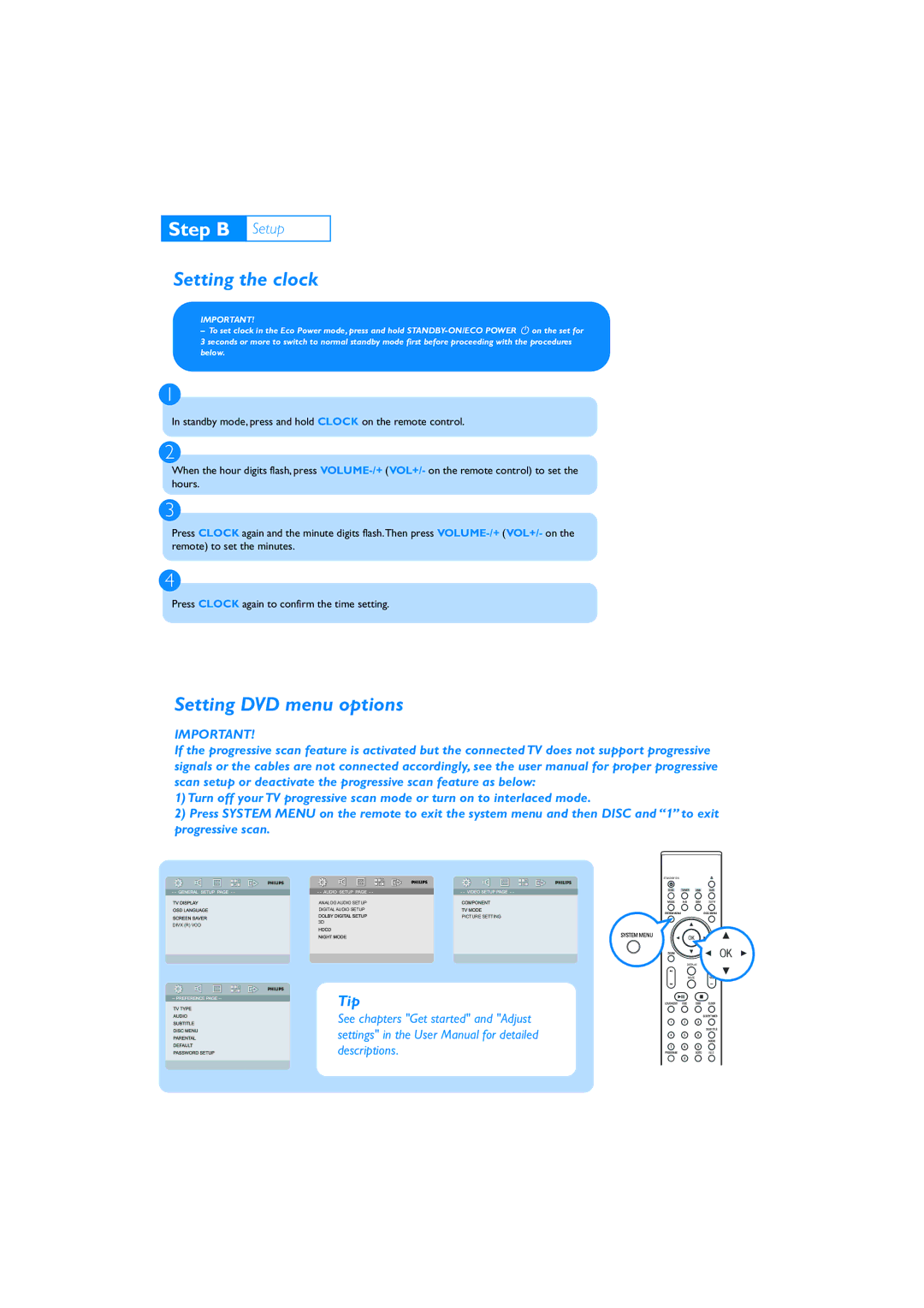 Philips MCD 289/12 quick start Setting the clock, Setting DVD menu options 