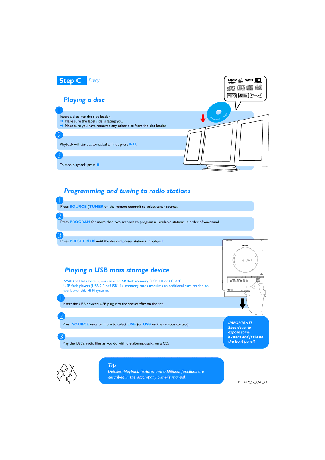Philips MCD 289/12 quick start Playing a disc, Programming and tuning to radio stations, Playing a USB mass storage device 