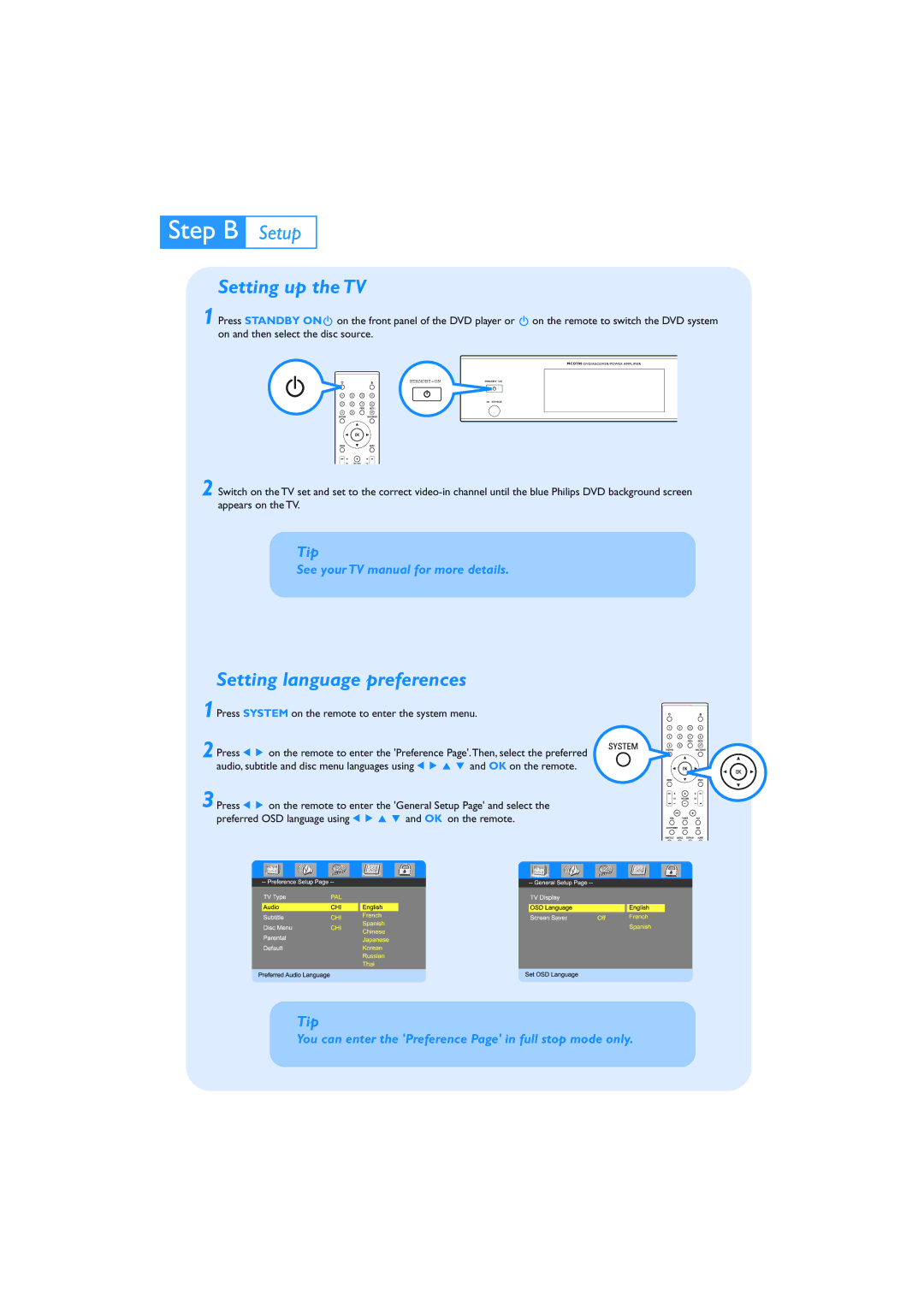 Philips MCD 702, MCD 700 quick start Setting up the TV, Setting language preferences 