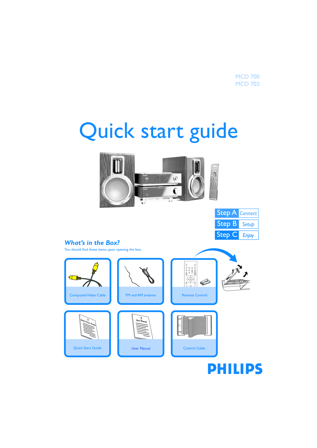 Philips MCL707 quick start What’s in the Box?, MCD700, Quick start guide, Mcd Mcl, Composite Video Cable, Remote Control 