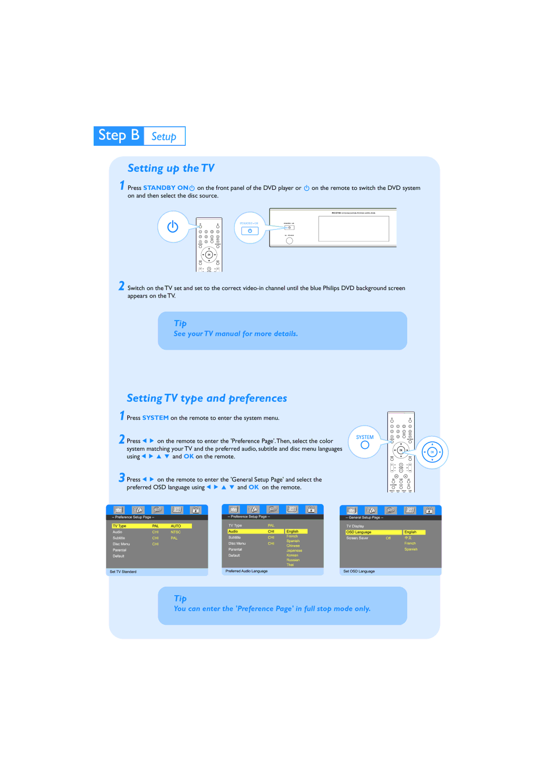 Philips MCL707, MCD 700 quick start Setting up the TV, Setting TV type and preferences 