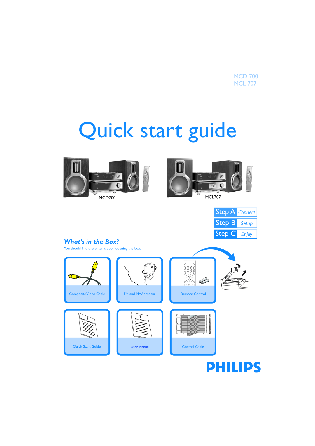Philips MCL707 quick start What’s in the Box?, MCD700, Quick start guide, Mcd Mcl, Composite Video Cable, Remote Control 