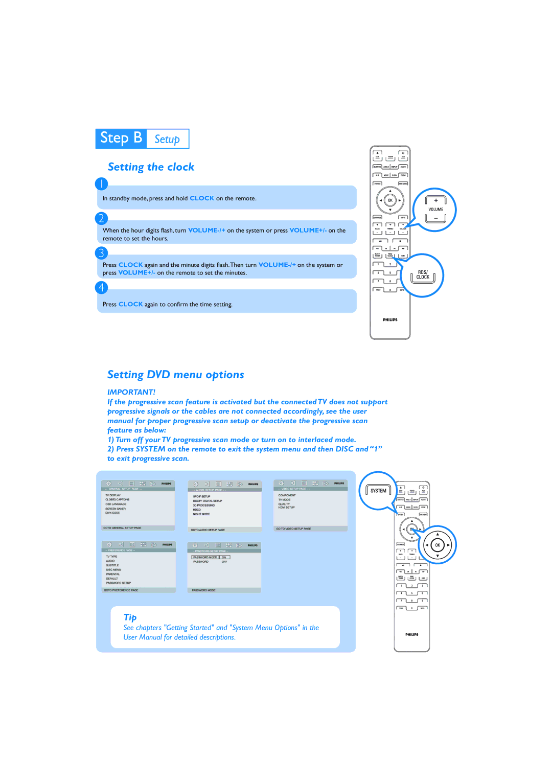 Philips MCD 908 quick start Setting the clock, Setting DVD menu options 