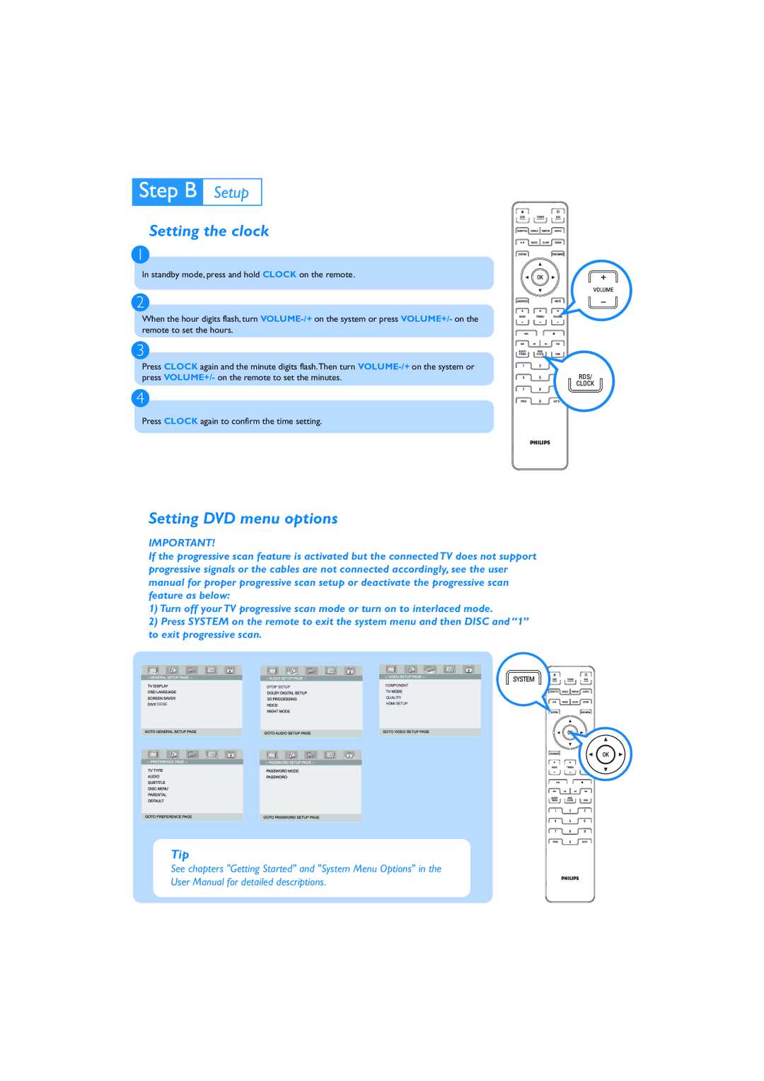 Philips MCD 908 quick start Setting the clock, Setting DVD menu options 