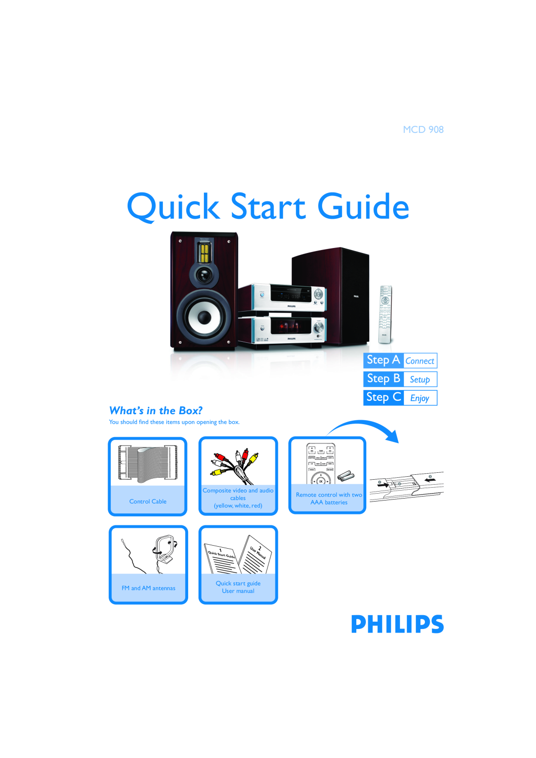 Philips MCD 908 quick start What’s in the Box?, Quick Start Guide, You should find these items upon opening the box, User 
