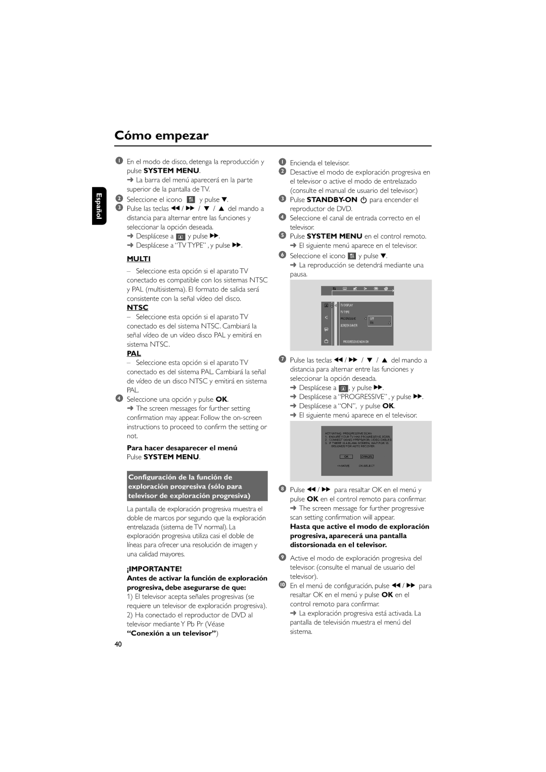 Philips MCD10 user manual Desplácese a y pulse á Desplácese a TV Type , y pulse á, Multi, Ntsc, Pal 