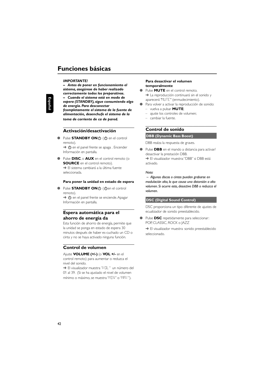 Philips MCD10 user manual Funciones básicas, Activación/desactivación, Espera automática para el ahorro de energía da 