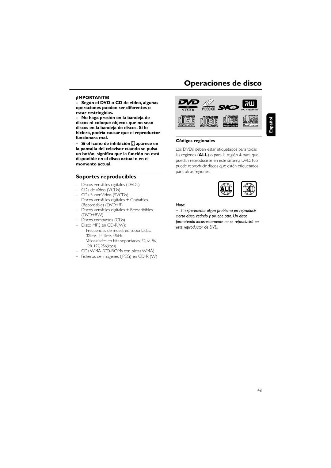 Philips MCD10 user manual Operaciones de disco, Soportes reproducibles 