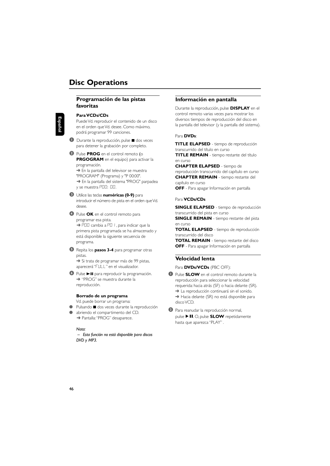 Philips MCD10 user manual Disc Operations, Programación de las pistas favoritas, Información en pantalla, Velocidad lenta 