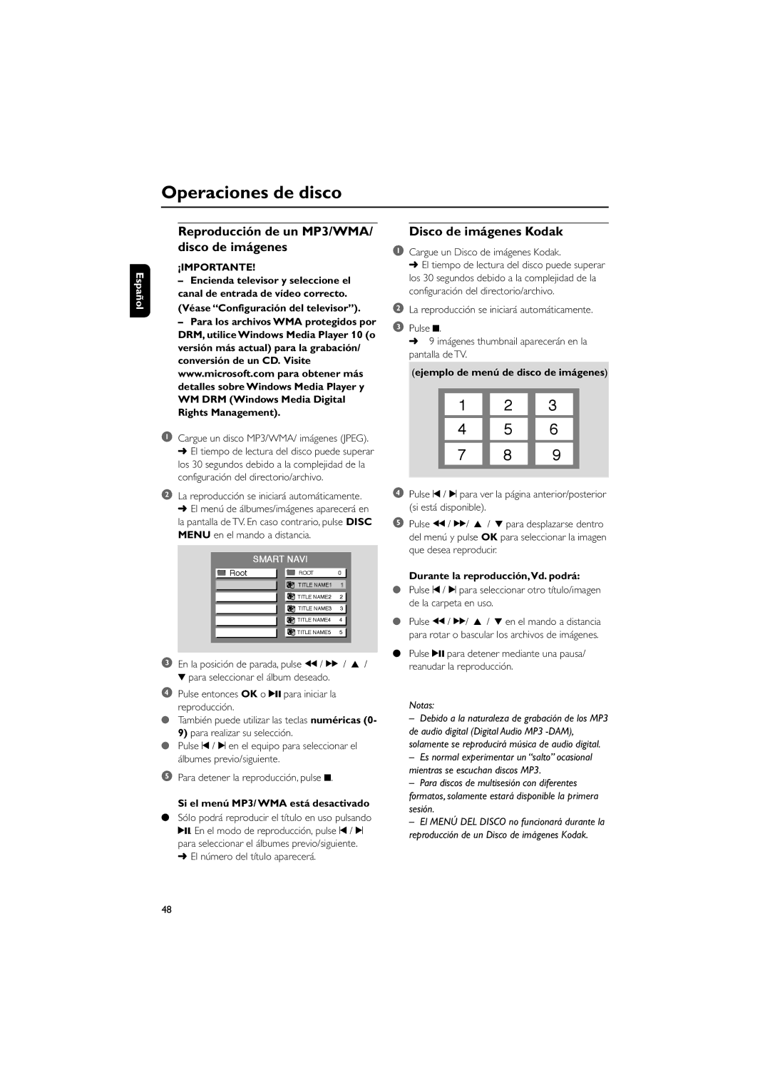 Philips MCD10 user manual Reproducción de un MP3/WMA/ disco de imágenes, Si el menú MP3/ WMA está desactivado 