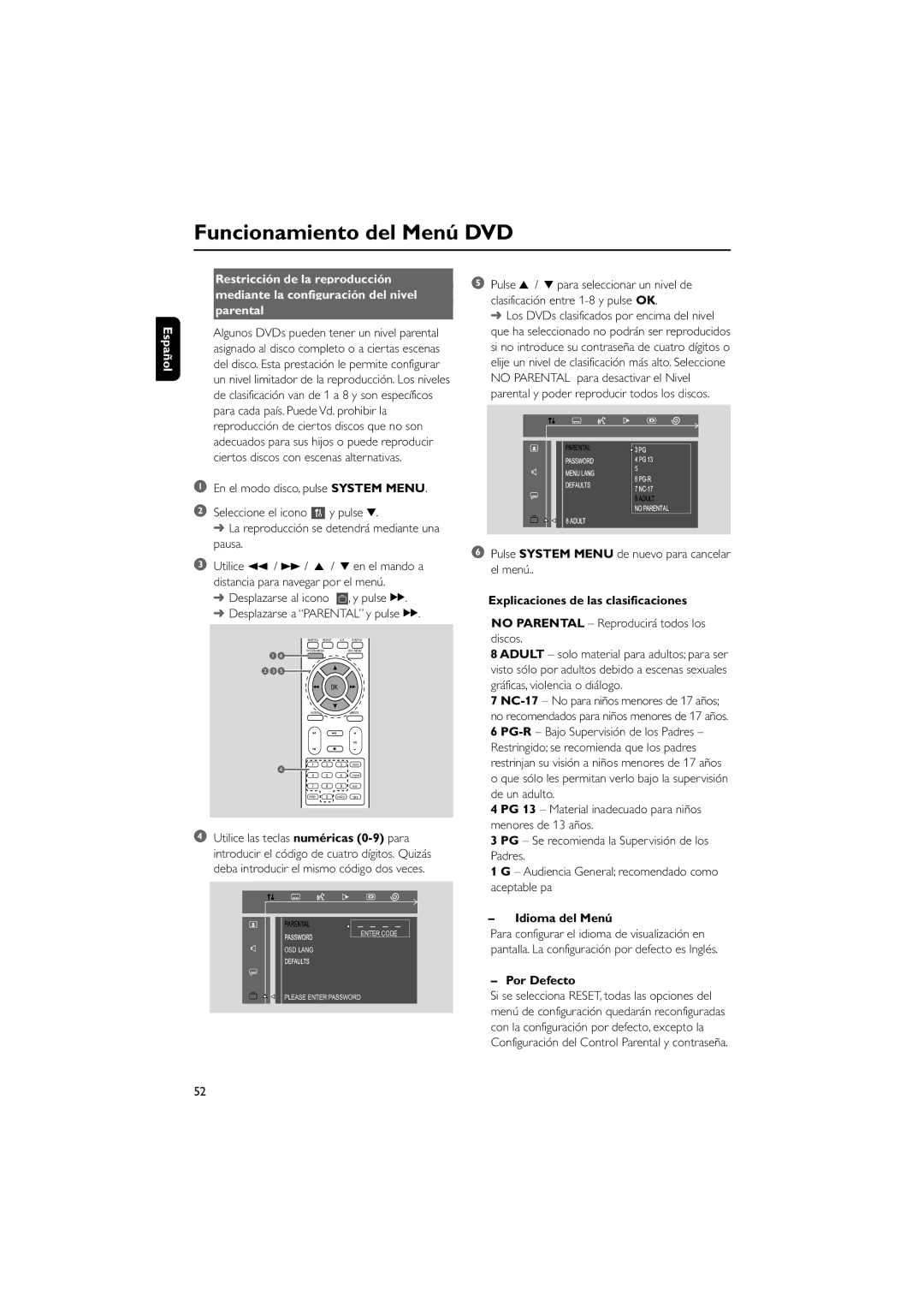 Philips MCD10 user manual Discos, Idioma del Menú, Por Defecto 