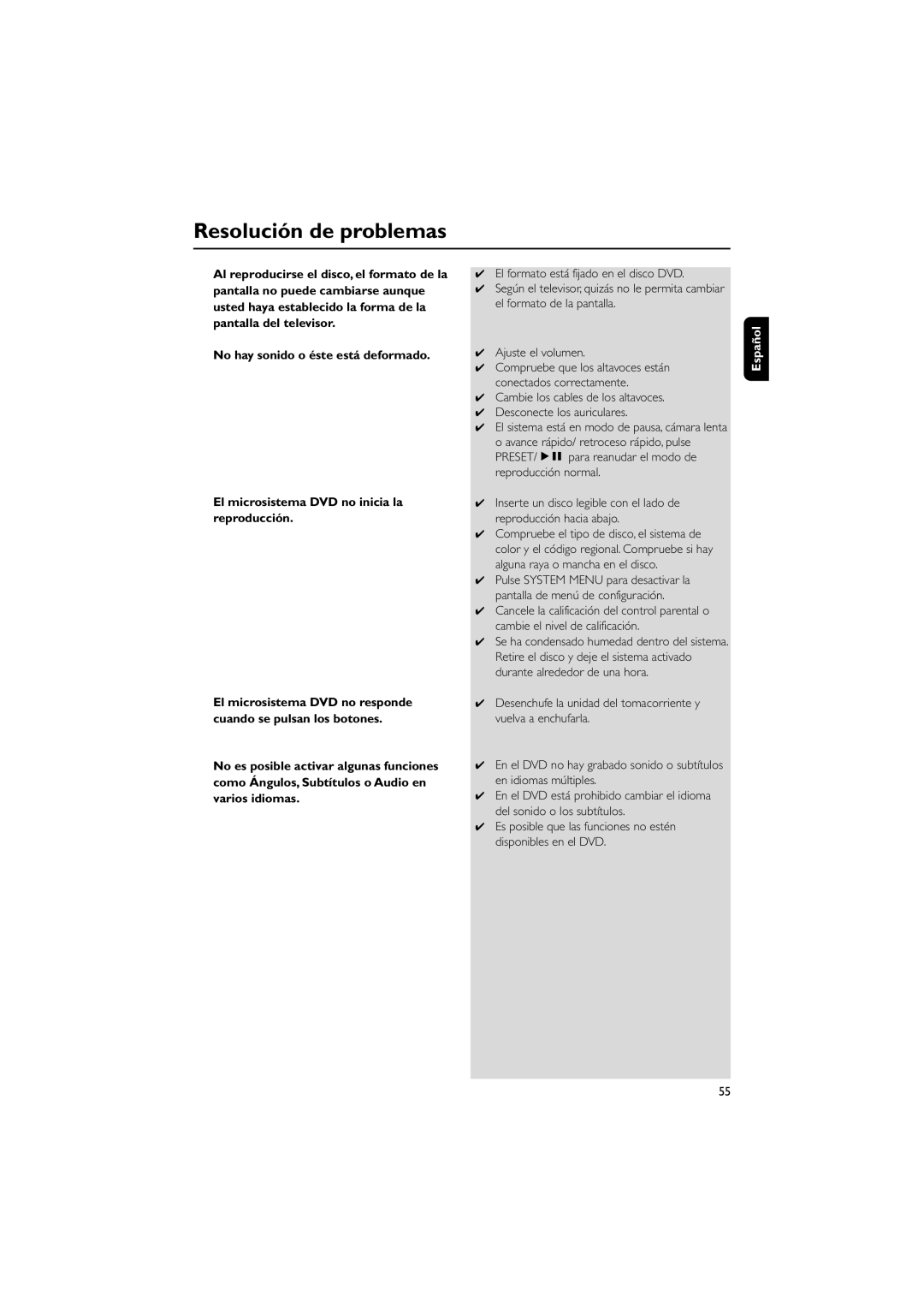 Philips MCD10 user manual Compruebe que los altavoces están conectados correctamente 