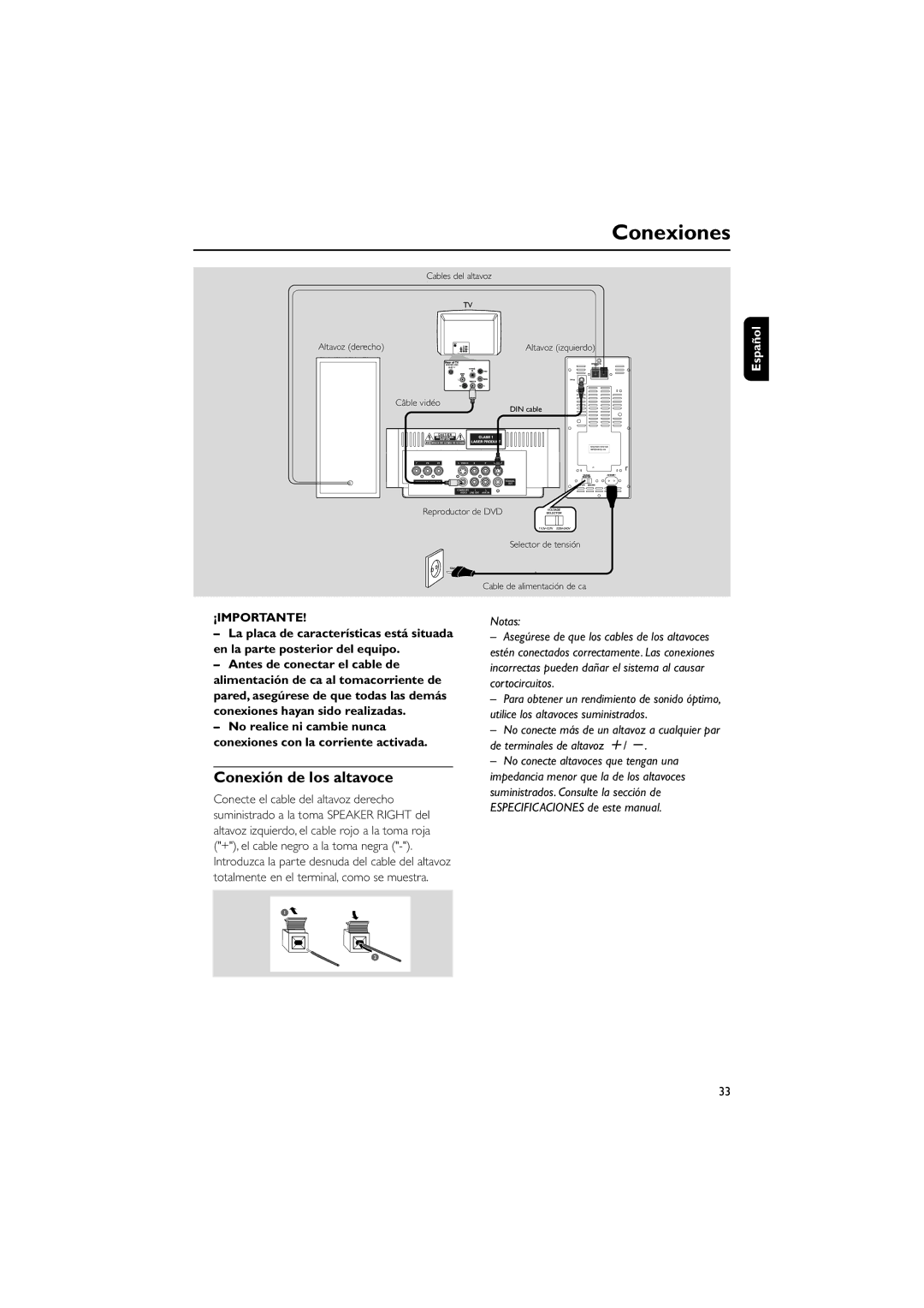 Philips MCD10 user manual Conexiones, Conexión de los altavoce, ¡Importante 