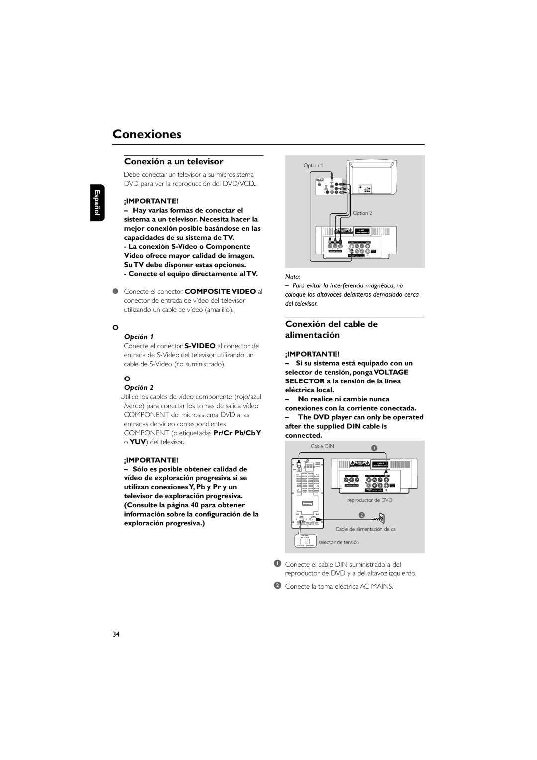 Philips MCD10 user manual Conexión a un televisor, Conexión del cable de alimentación, Conecte el equipo directamente al TV 