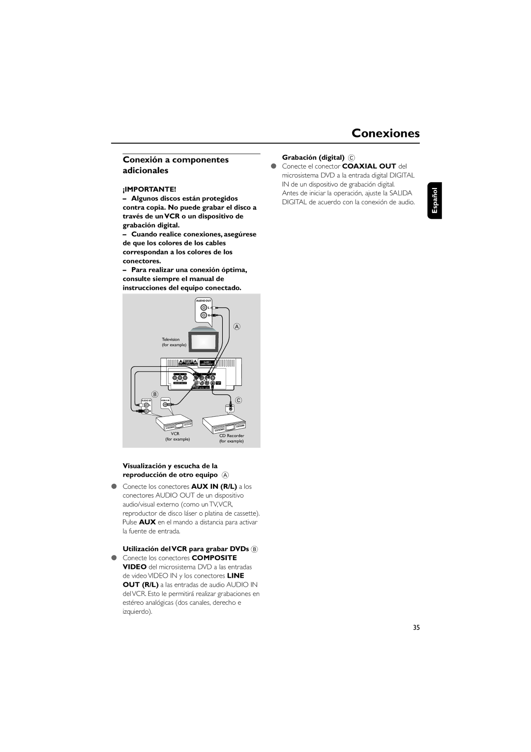 Philips MCD10 user manual Conexión a componentes adicionales, Grabación digital C, Utilización del VCR para grabar DVDs B 