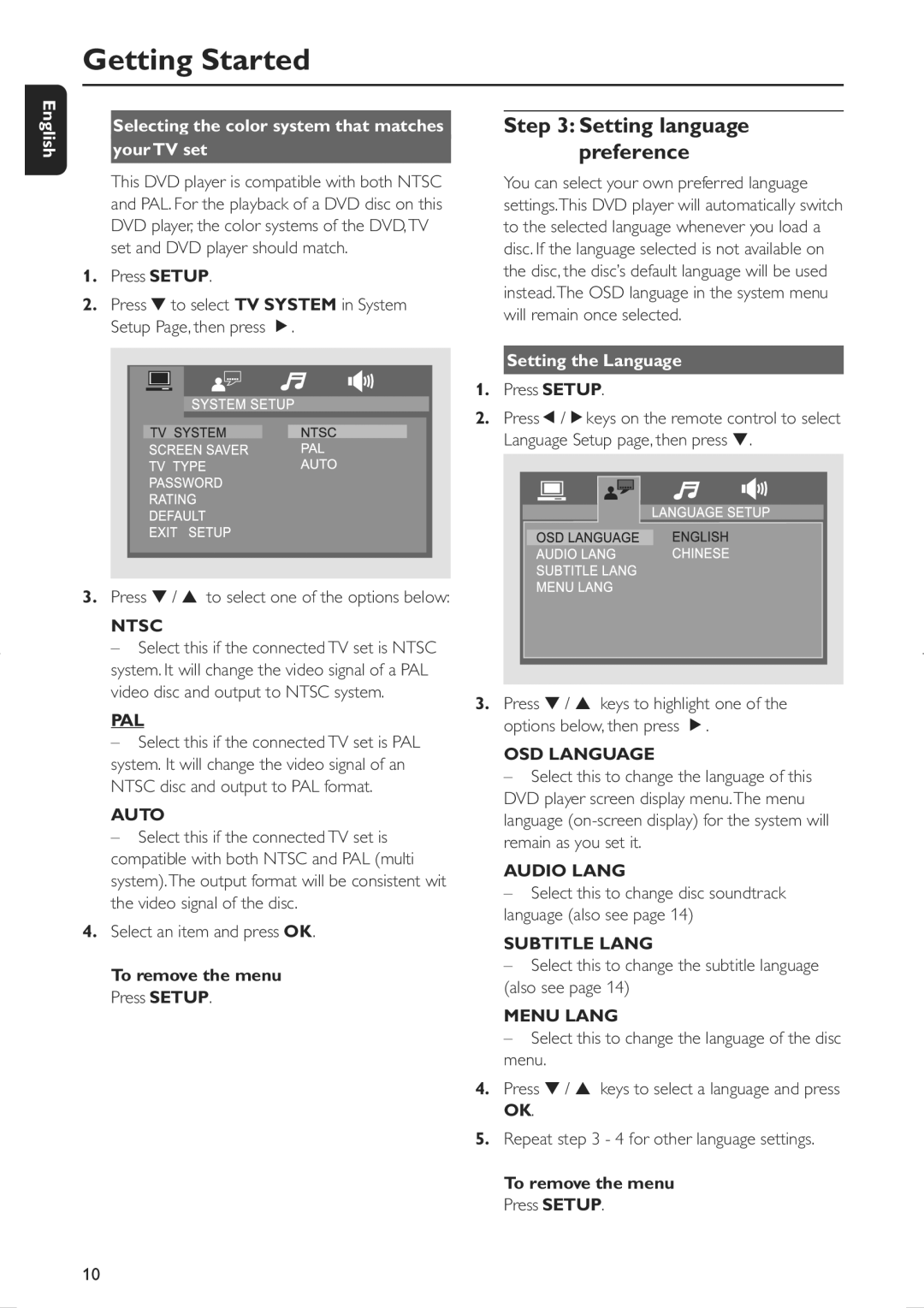 Philips MCD106/94 user manual Ntsc, Pal, Auto, OSD Language, Audio Lang, Subtitle Lang, Menu Lang 