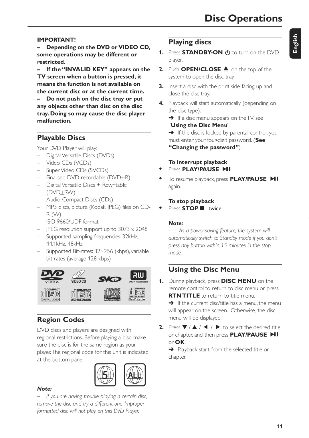 Philips MCD106/94 user manual Disc Operations, Playable Discs, Playing discs, Region Codes, Using the Disc Menu 