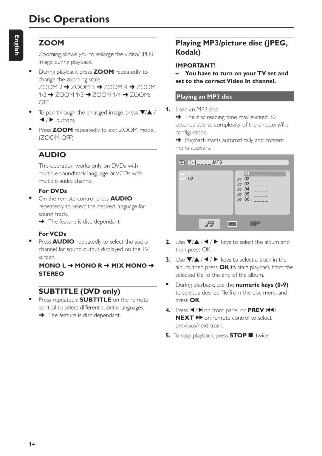 Philips MCD106/94 user manual Playing MP3/picture disc JPEG, Kodak, Subtitle DVD only, Playing an MP3 disc, For VCDs 