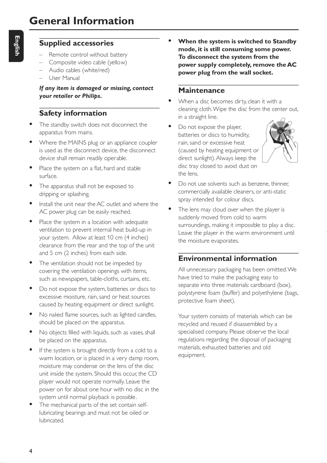 Philips MCD106/94 user manual Maintenance, Environmental information 