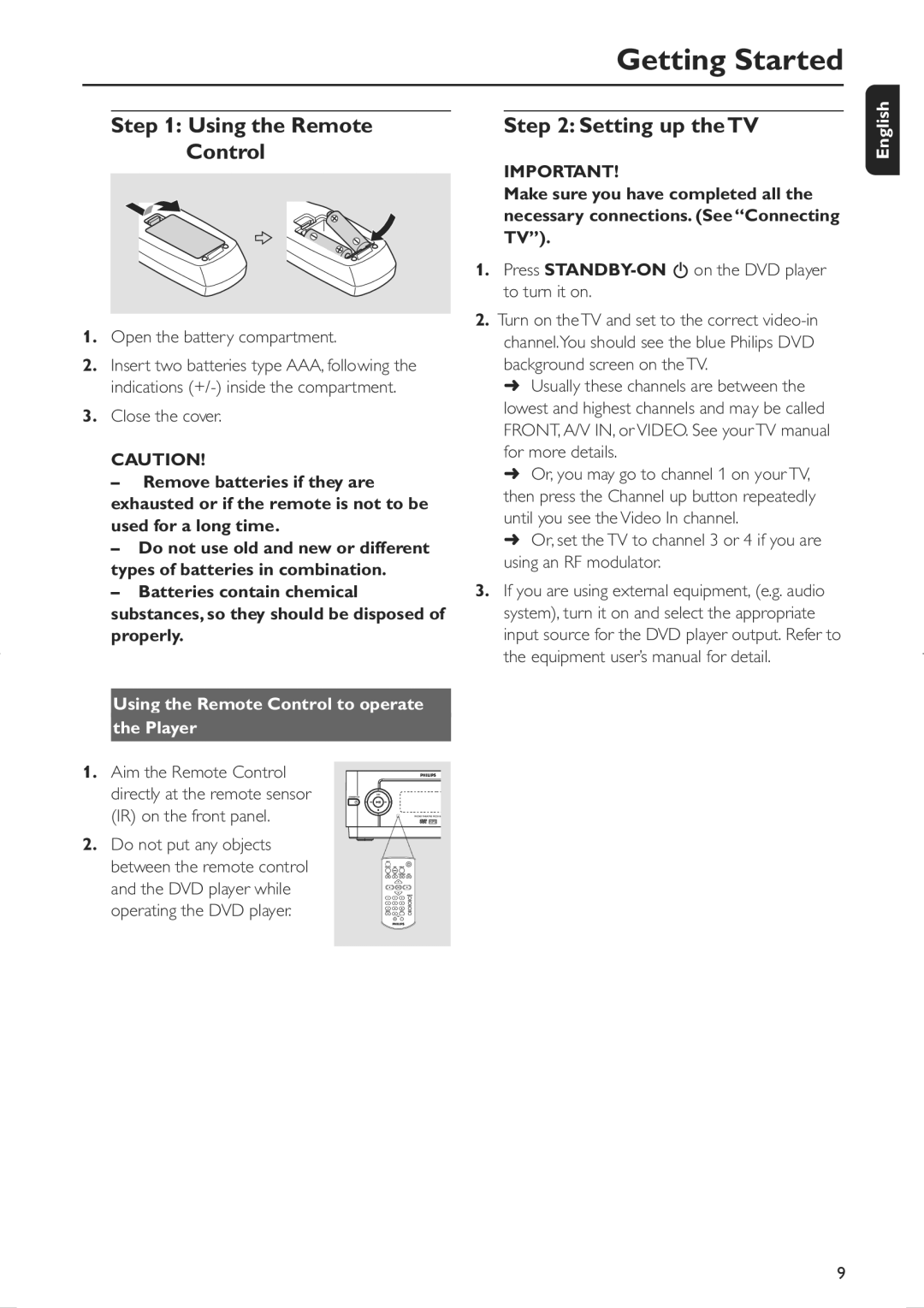 Philips MCD106/94 user manual Getting Started, Setting up the TV, Using the Remote Control to operate Player 