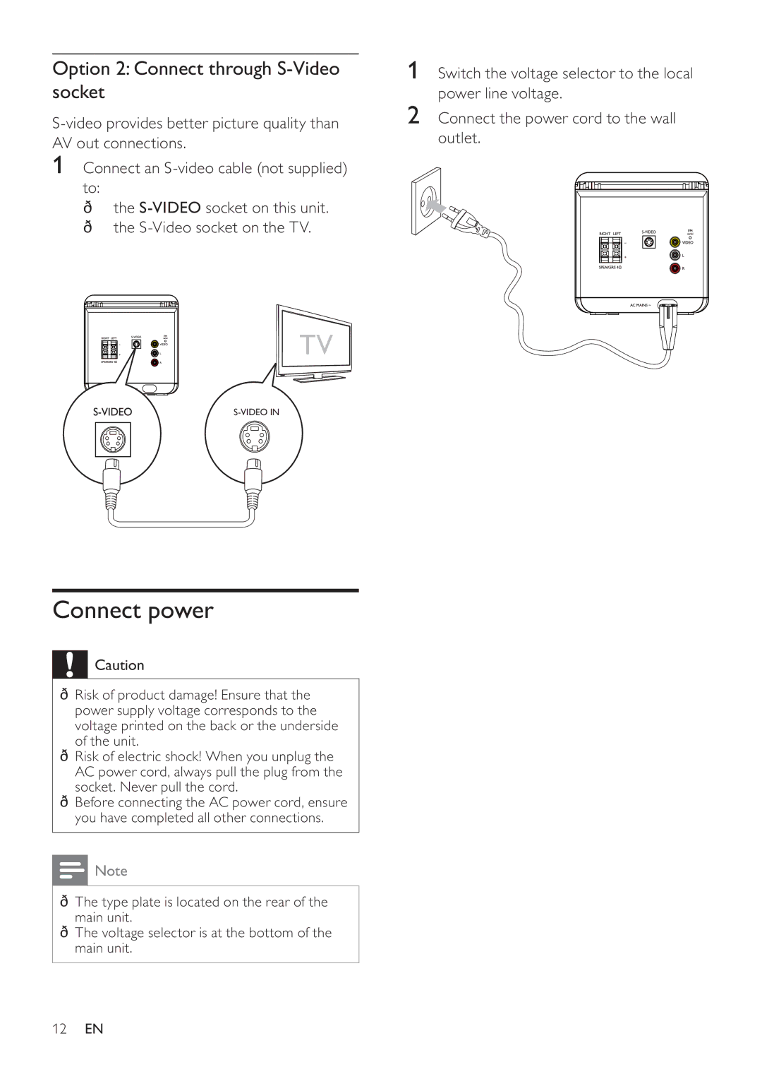 Philips MCD107 user manual Connect power, Option 2 Connect through S-Video socket 