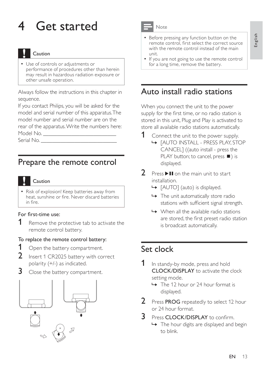 Philips MCD107 Get started, Prepare the remote control, Auto install radio stations, Set clock, RuÀuvwWlphXvh 