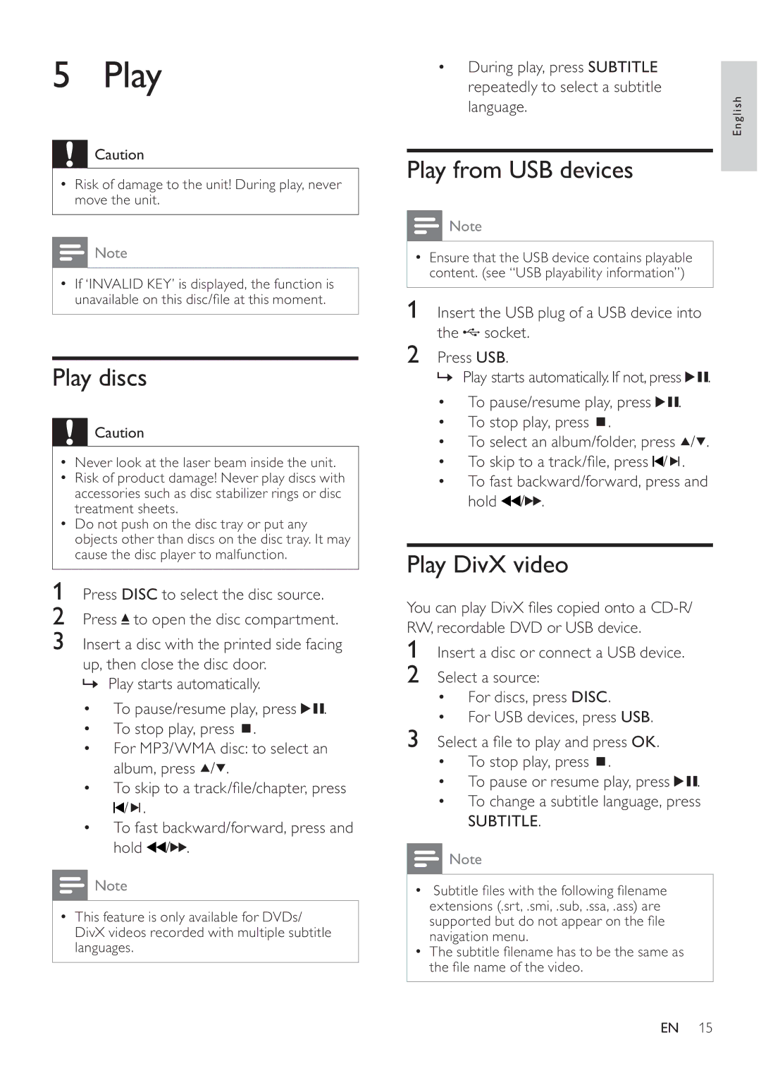 Philips MCD107 user manual Play discs, Play from USB devices, Play DivX video, Subtitle 