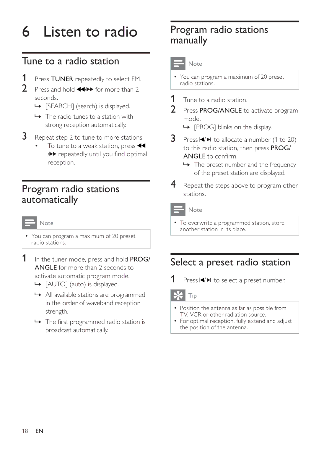 Philips MCD107 user manual Listen to radio, Tune to a radio station, Program radio stations automatically 