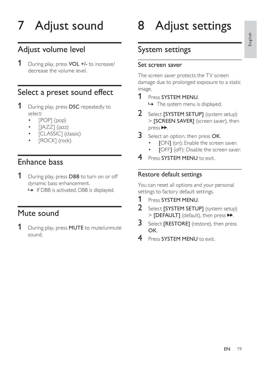 Philips MCD107 user manual Adjust sound, Adjust settings 