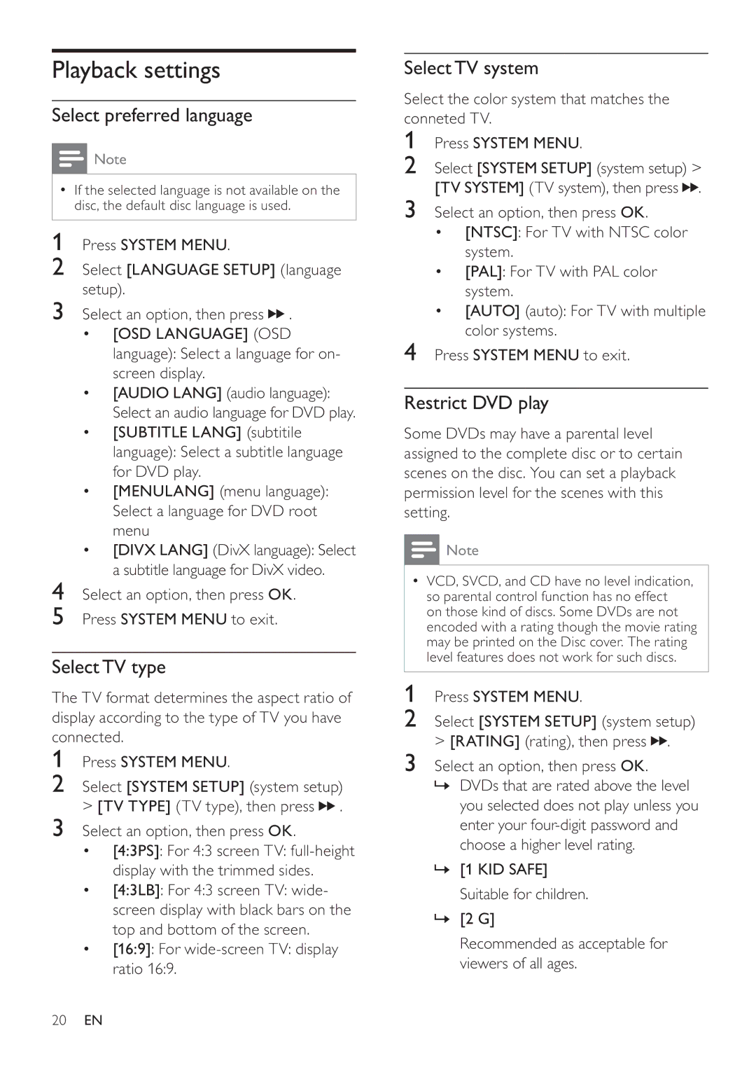 Philips MCD107 Playback settings, Select preferred language, Select TV type, Select TV system, Restrict DVD play 