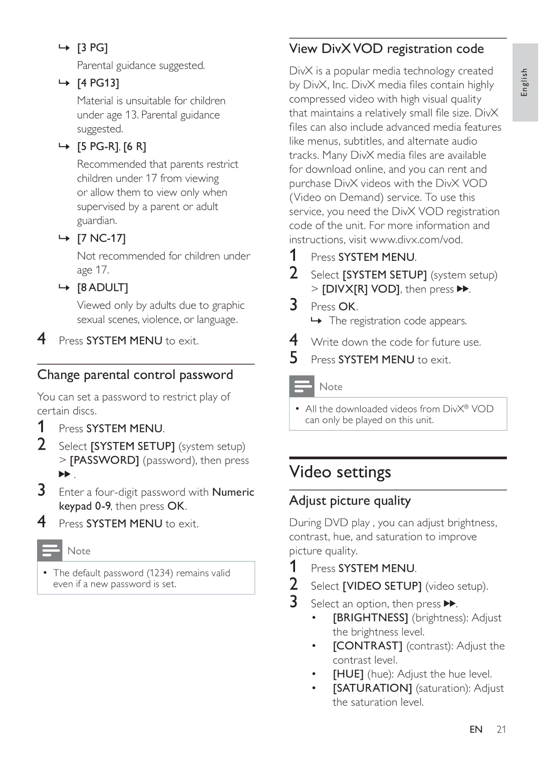 Philips MCD107 Video settings, Change parental control password, View DivXVOD registration code, Adjust picture quality 