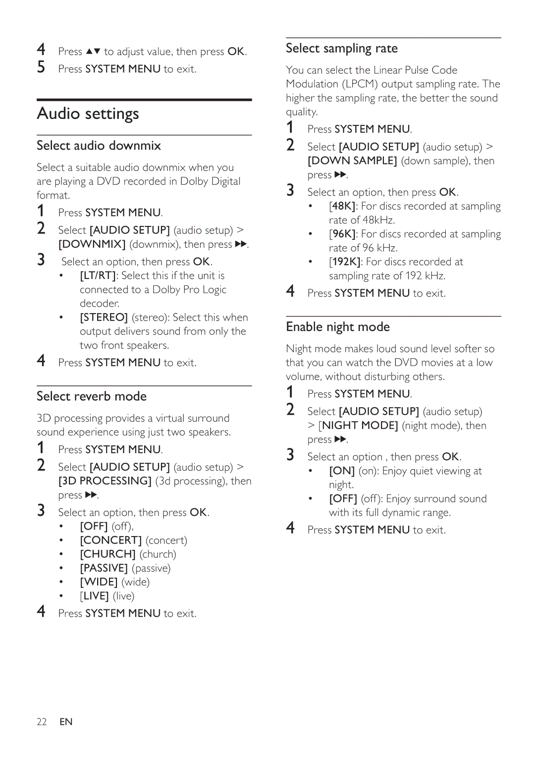 Philips MCD107 Audio settings, Select audio downmix, Select reverb mode, Select sampling rate, Enable night mode 