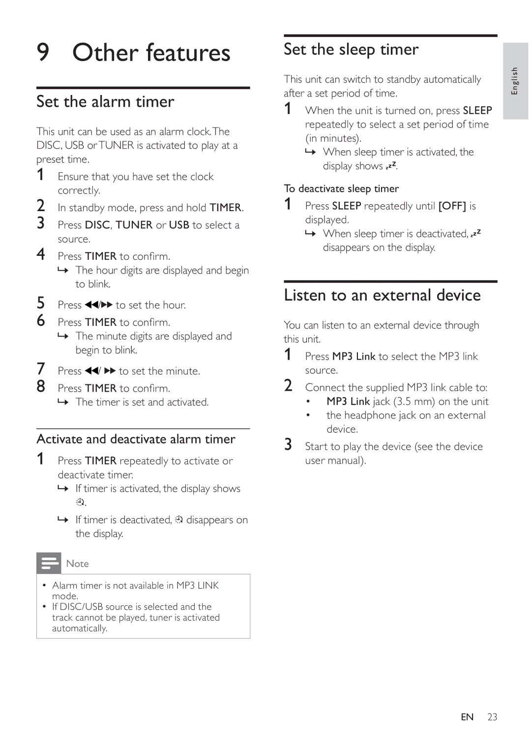 Philips MCD107 user manual Other features, Set the alarm timer, Set the sleep timer, Listen to an external device 