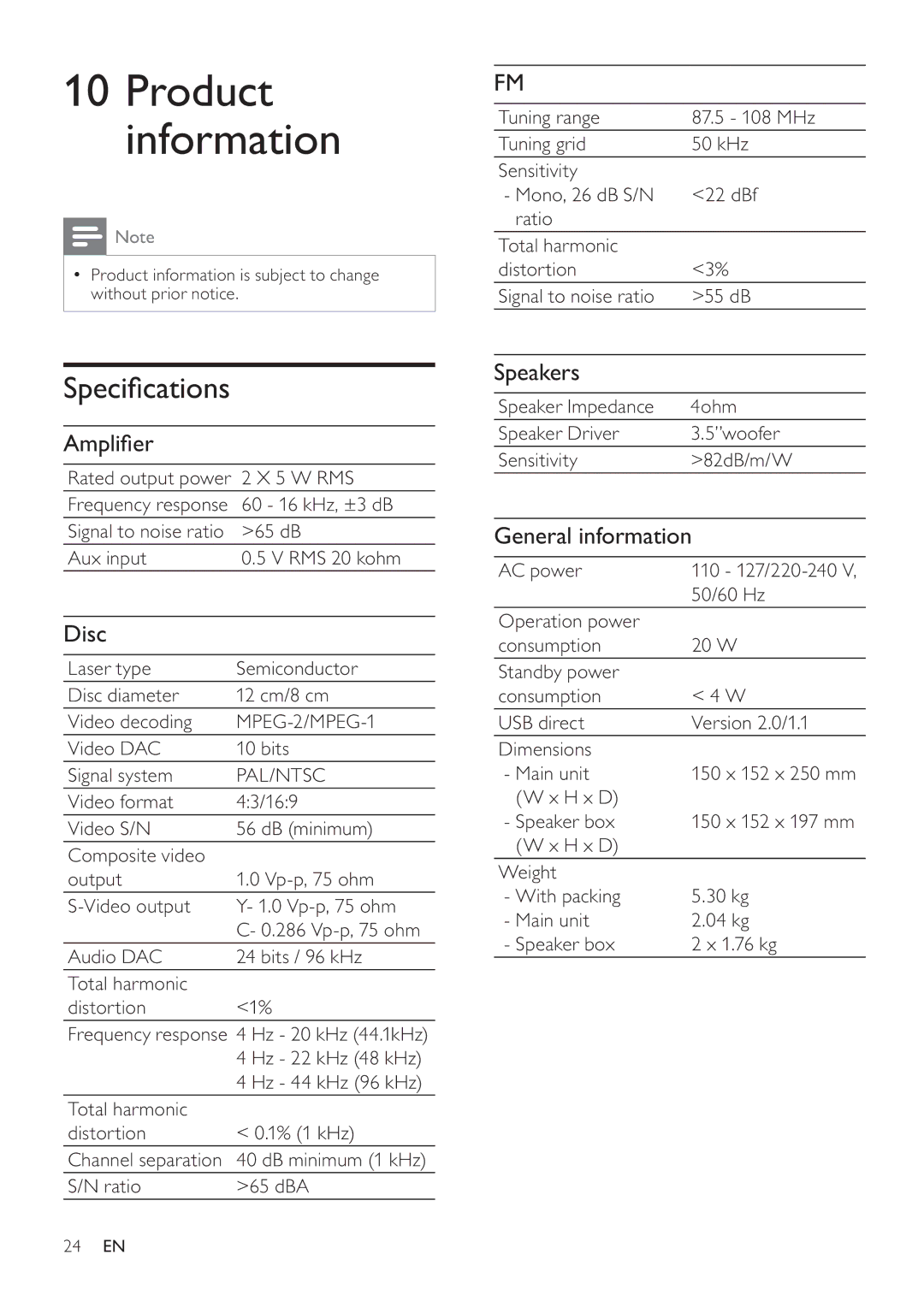 Philips MCD107 user manual Disc, Speakers, General information, MPEG-2/MPEG-1, Pal/Ntsc 