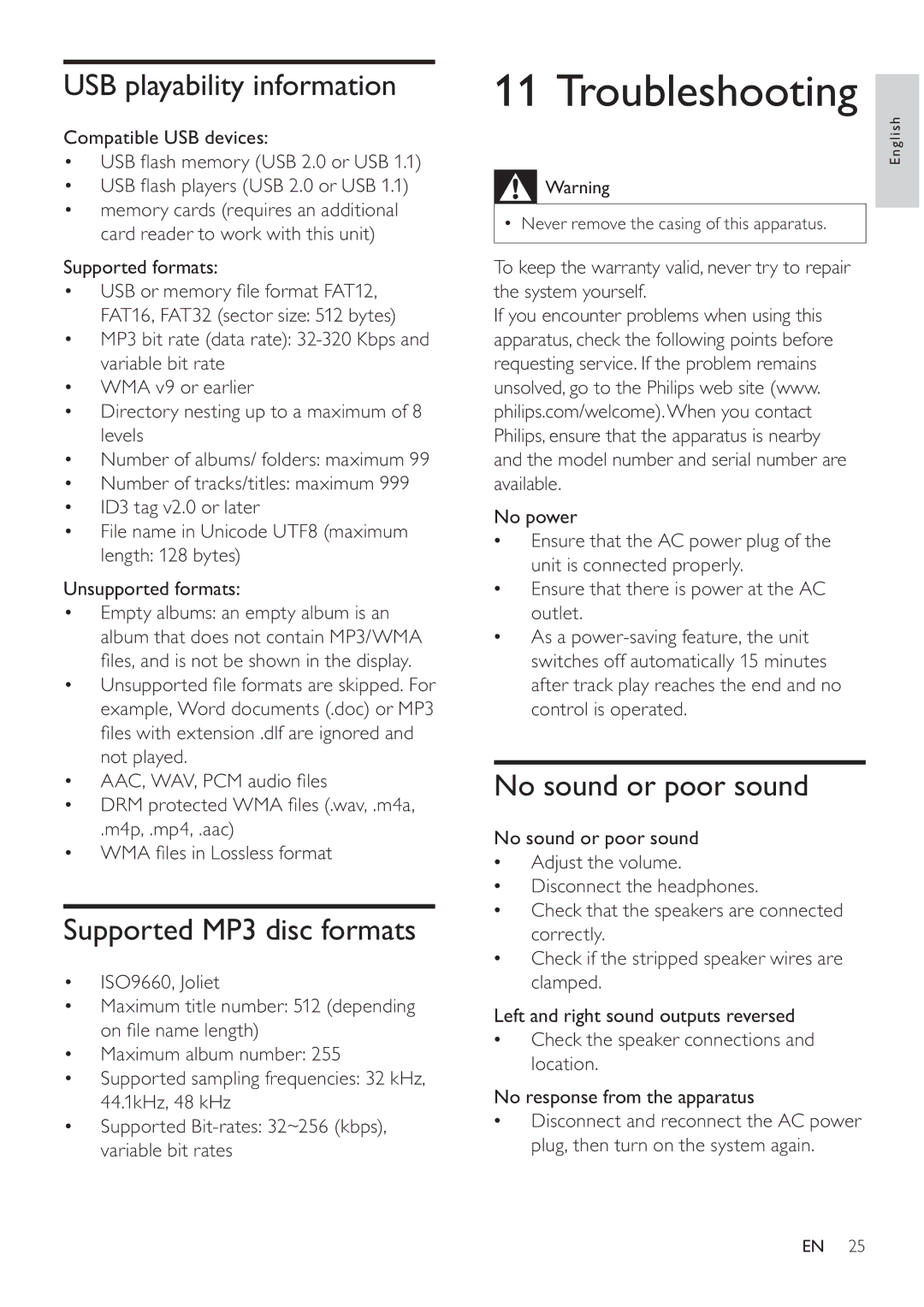 Philips MCD107 user manual Troubleshooting, USB playability information, Supported MP3 disc formats, No sound or poor sound 