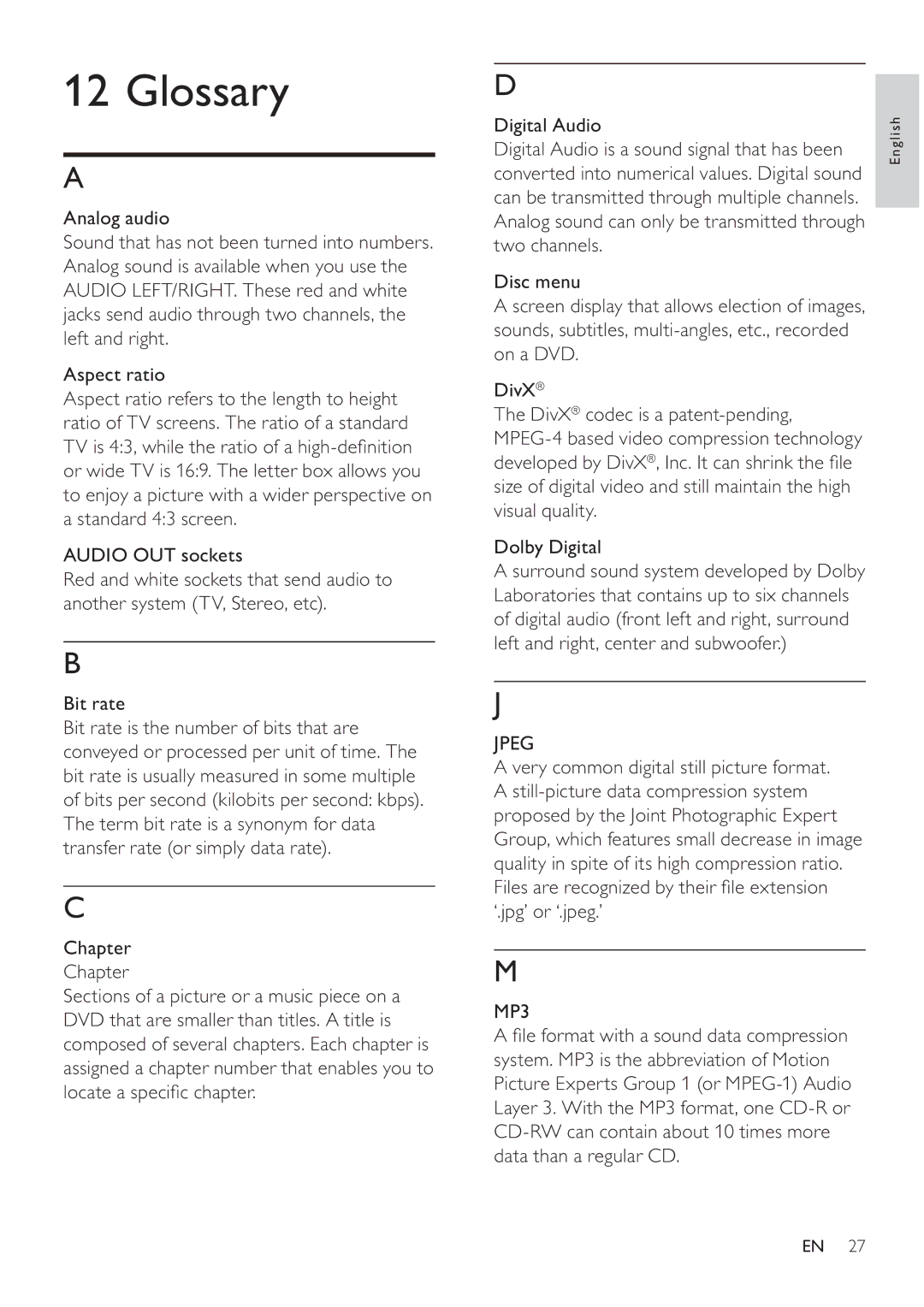 Philips MCD107 user manual Glossary, OrfdwhDVshflàfFkdswhu, Jpeg, MP3 