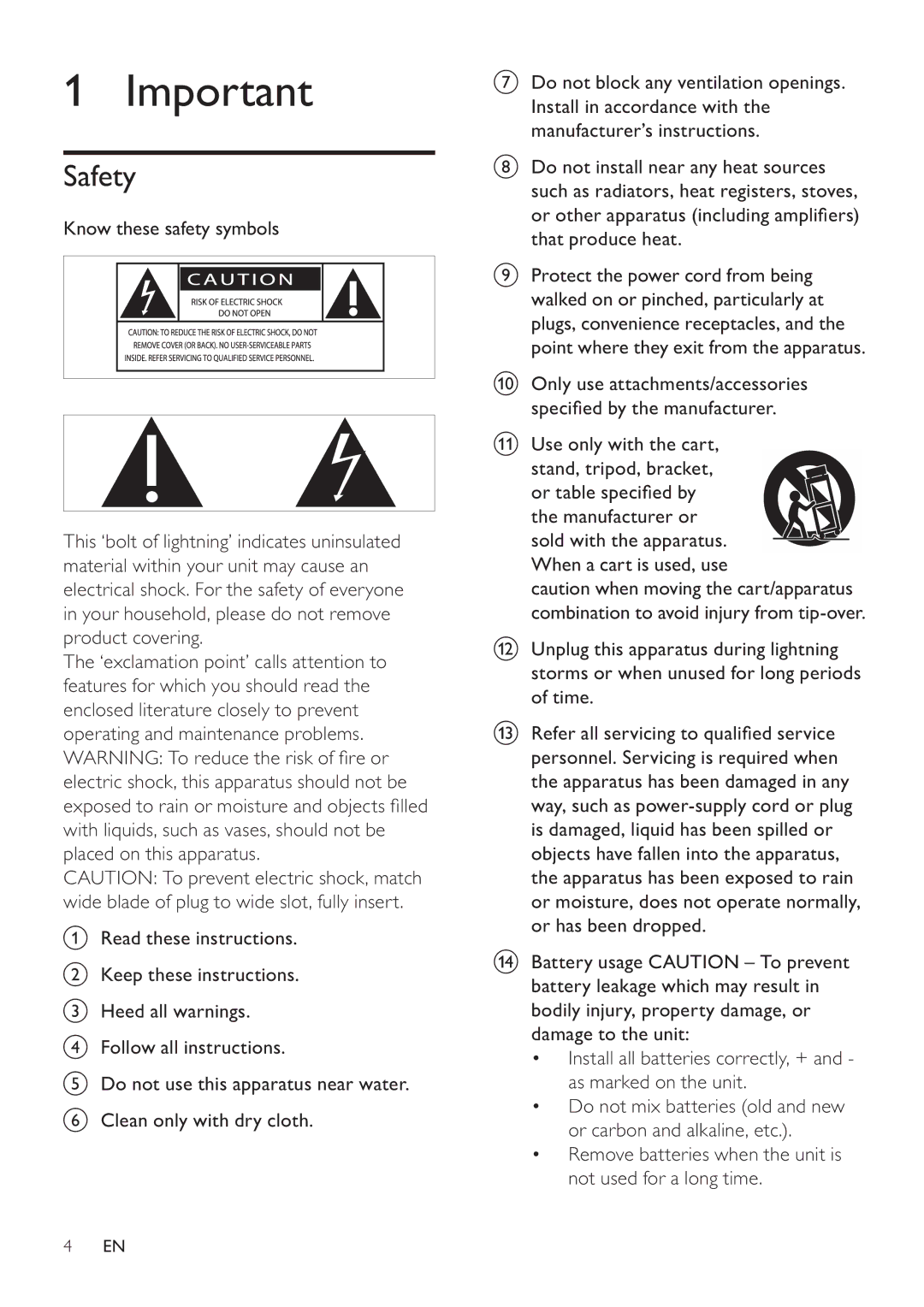 Philips MCD107 user manual Safety, Only use attachments/accessories, VshflàhgE\WkhPdqxidfwxuhu, Use only with the cart 