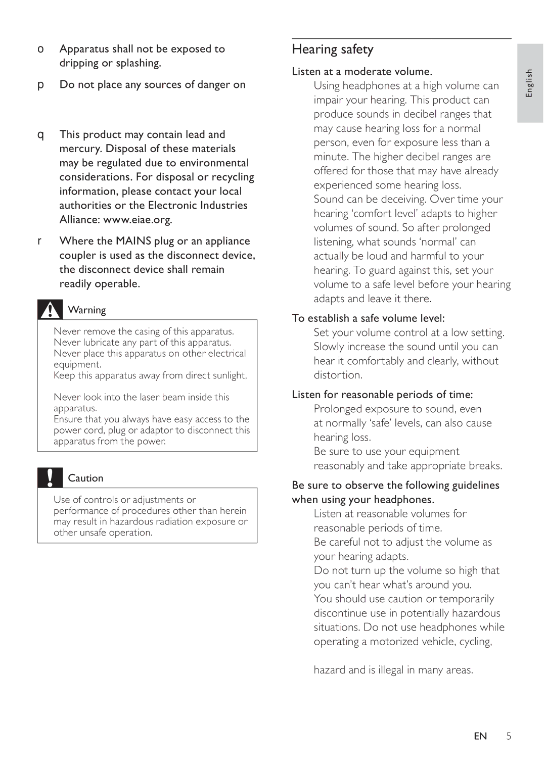 Philips MCD107 user manual Hearing safety, Listen at a moderate volume 