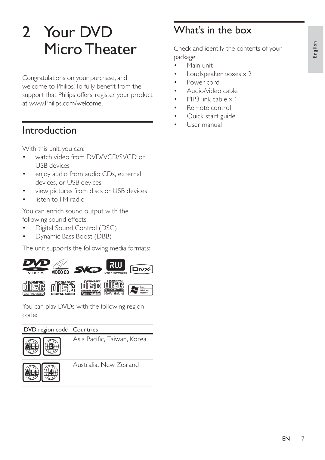 Philips MCD107 user manual Introduction, What’s in the box, $VLD3DFLÀF7DLZDQ.RUHD, Australia, New Zealand 