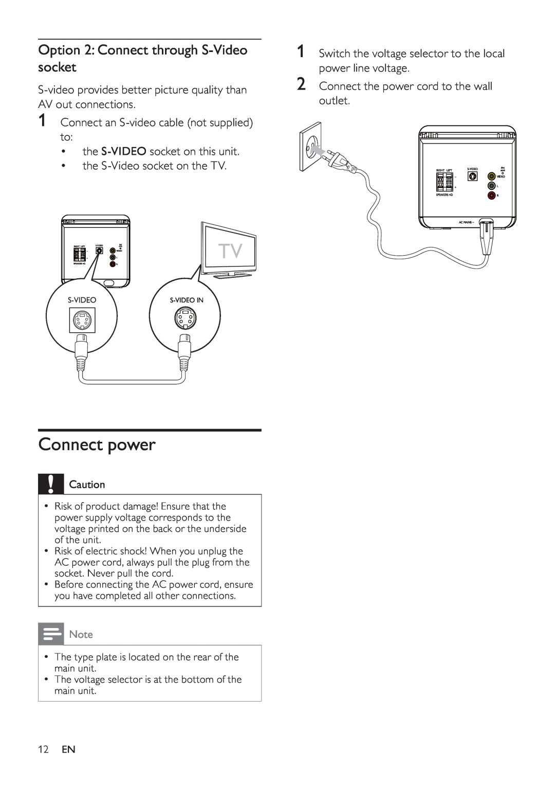 Philips MCD107 user manual Connect power, Option 2 Connect through S-Videosocket 