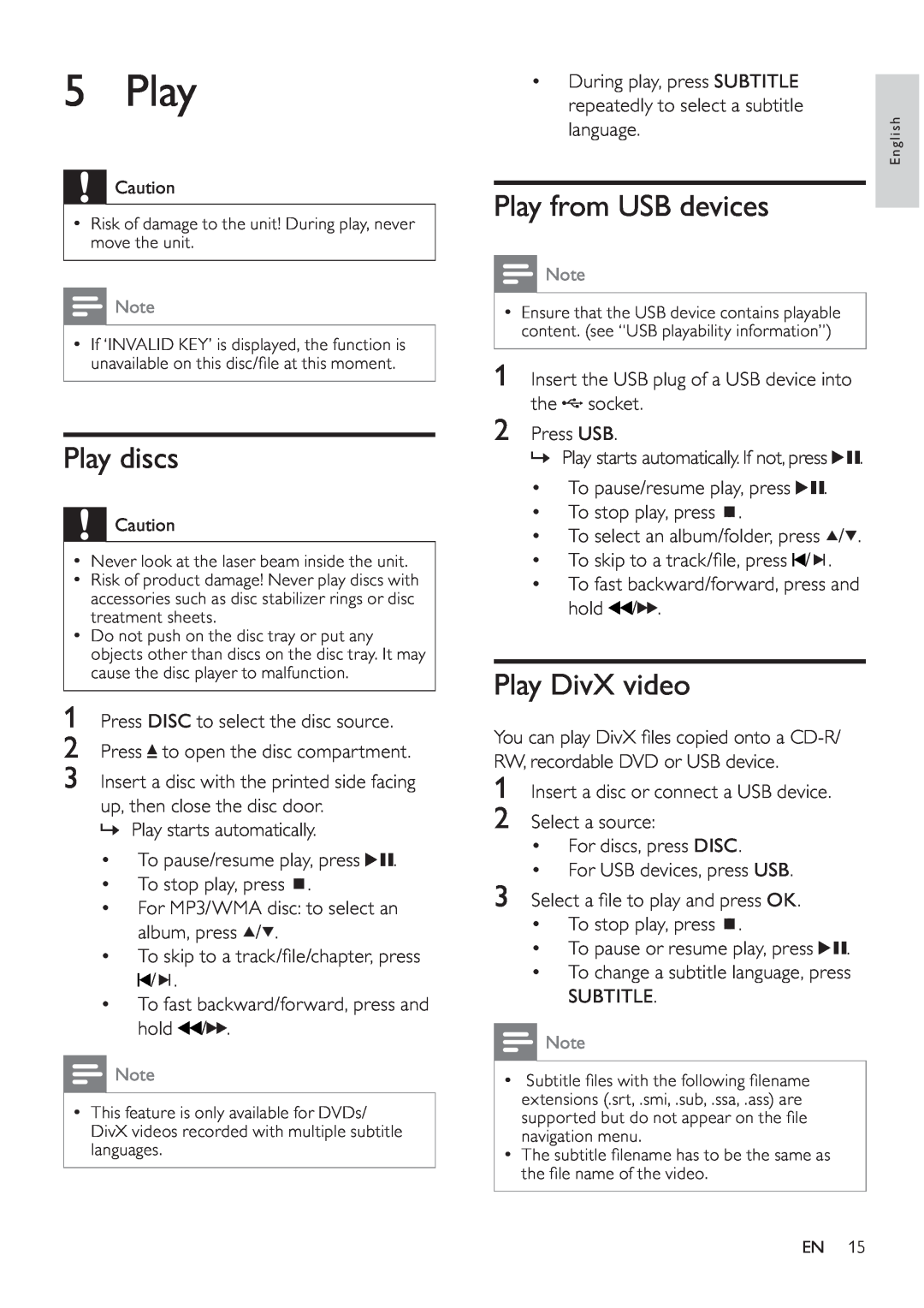 Philips MCD107 user manual Play discs, Play from USB devices, Play DivX video 