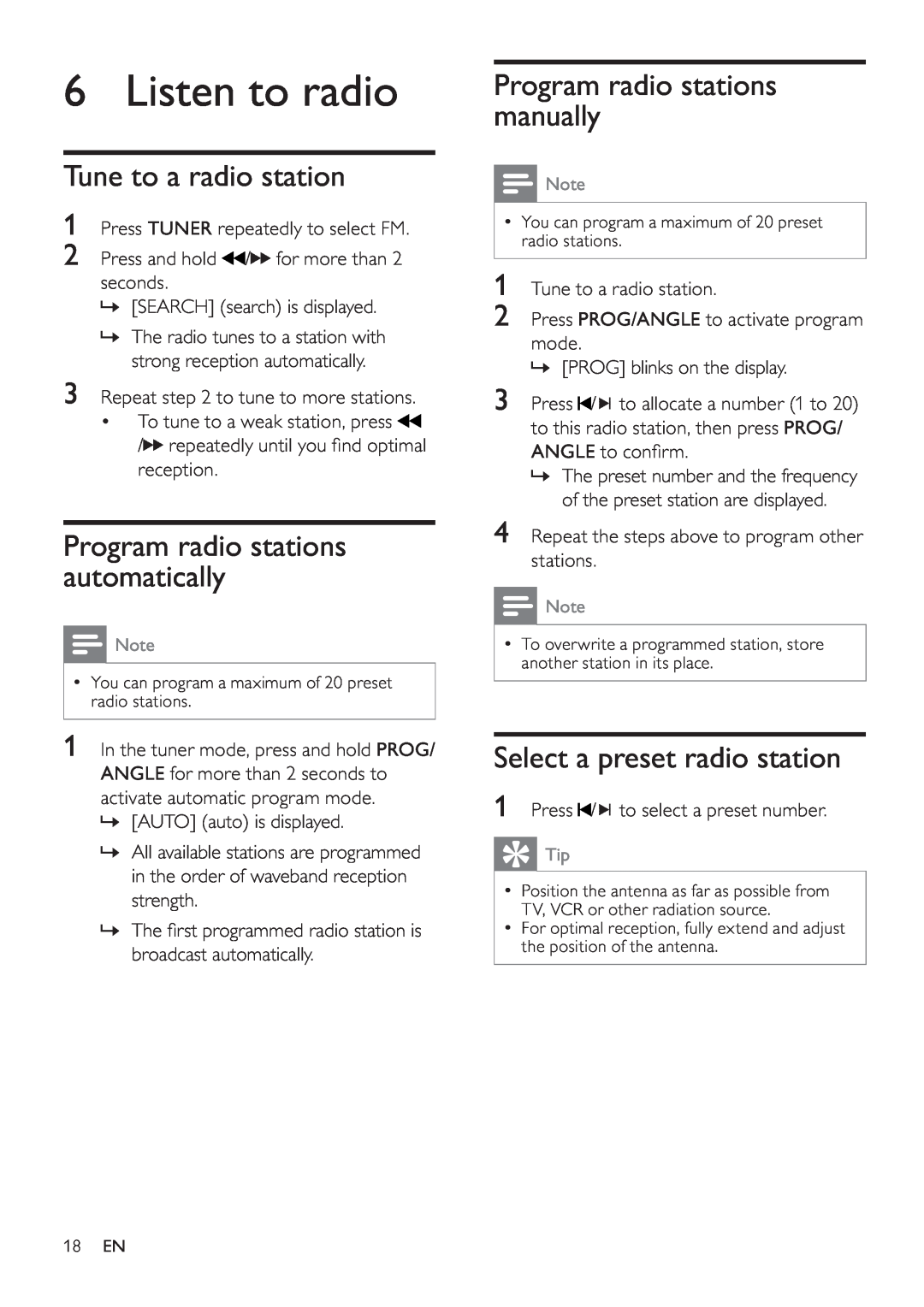 Philips MCD107 user manual Listen to radio, Tune to a radio station, Program radio stations automatically 